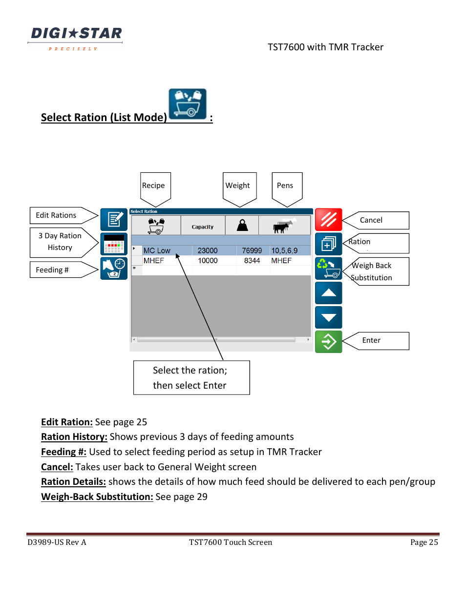 Select ration (list mode) | Digi-Star TST7600 with TMR Tracker User Manual | Page 25 / 51