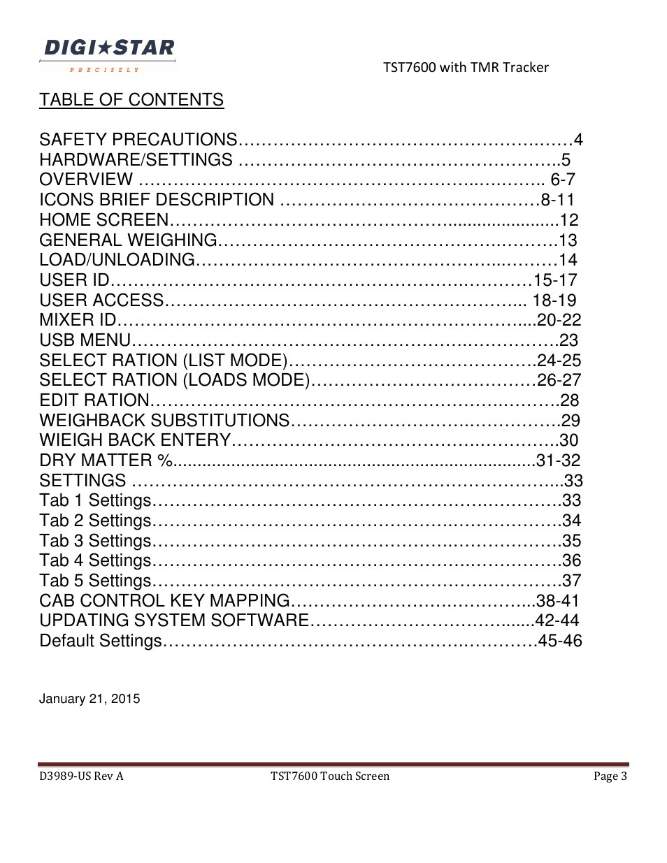 Digi-Star TST7600 with TMR Tracker User Manual | Page 3 / 51