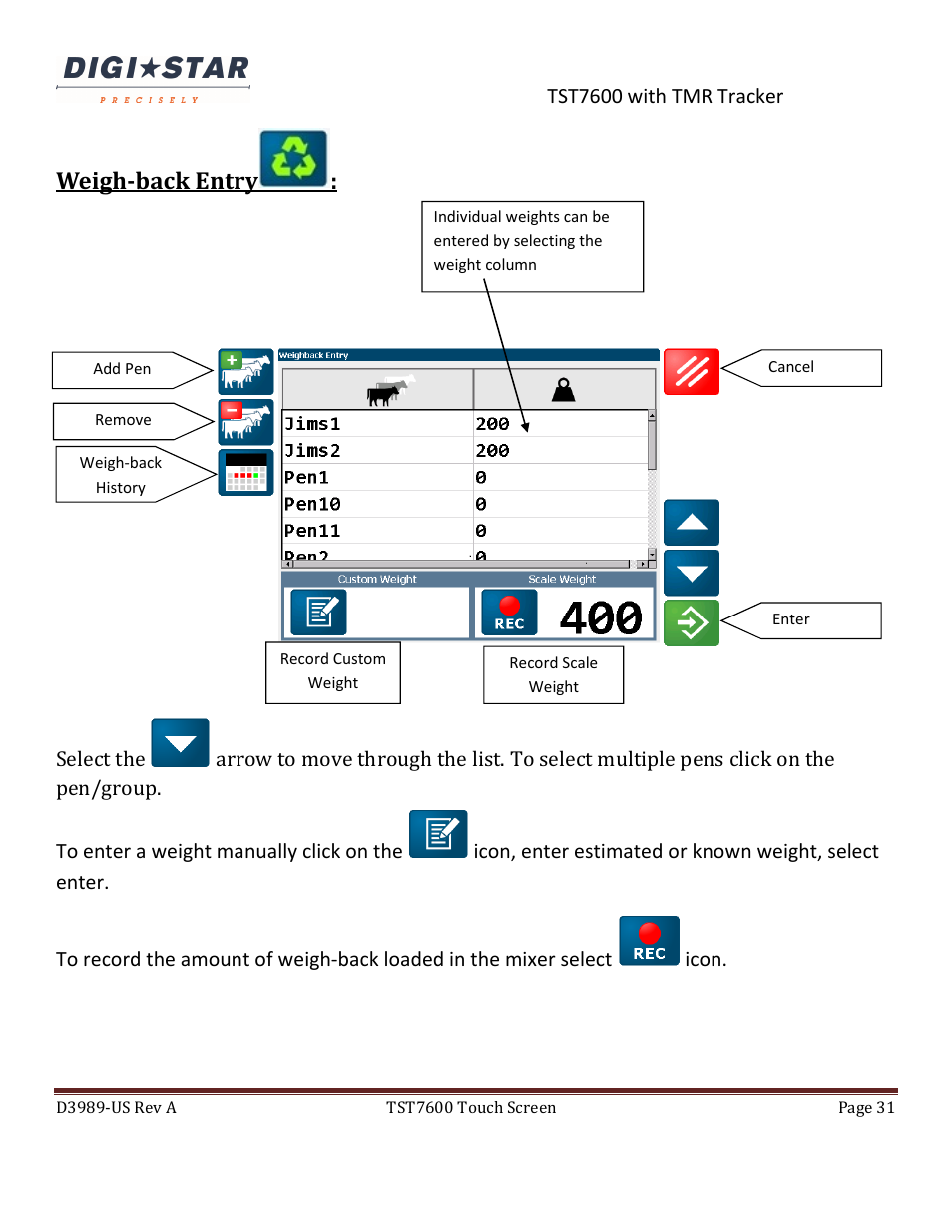 Weigh-back entry | Digi-Star TST7600 with TMR Tracker User Manual | Page 31 / 51