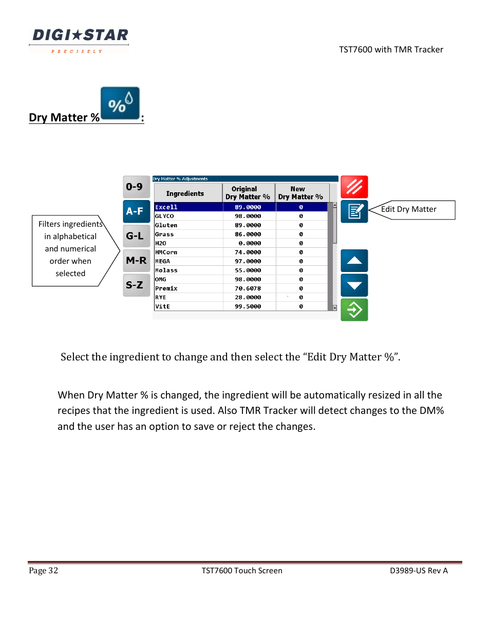 Dry matter | Digi-Star TST7600 with TMR Tracker User Manual | Page 32 / 51