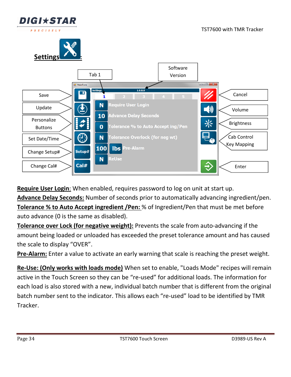 Settings | Digi-Star TST7600 with TMR Tracker User Manual | Page 34 / 51