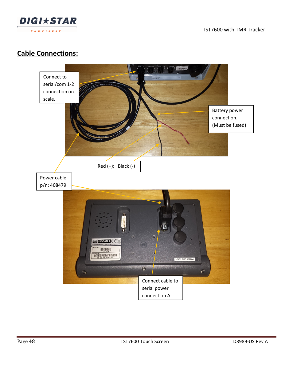 Cable connections | Digi-Star TST7600 with TMR Tracker User Manual | Page 48 / 51