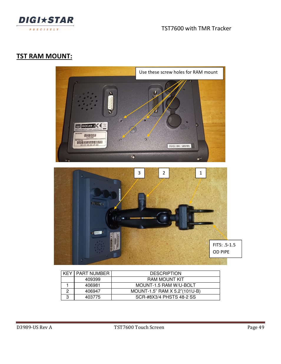 Tst ram mount, Tst7600 with tmr tracker | Digi-Star TST7600 with TMR Tracker User Manual | Page 49 / 51