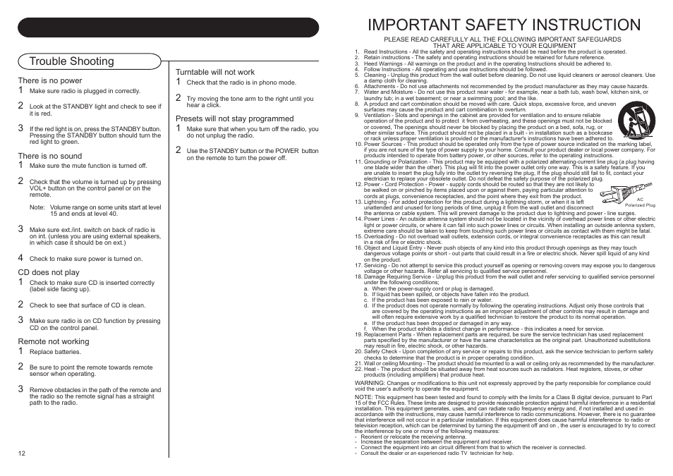 Important safety instruction, General, Trouble shooting | Crosley Radio CR 712 User Manual | Page 3 / 8