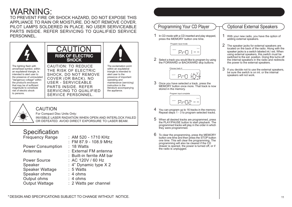 Warning, Caution, Cd player & connecting optional equipment | Specification, Optional external speakers, Programming your cd player | Crosley Radio CR 712 User Manual | Page 4 / 8
