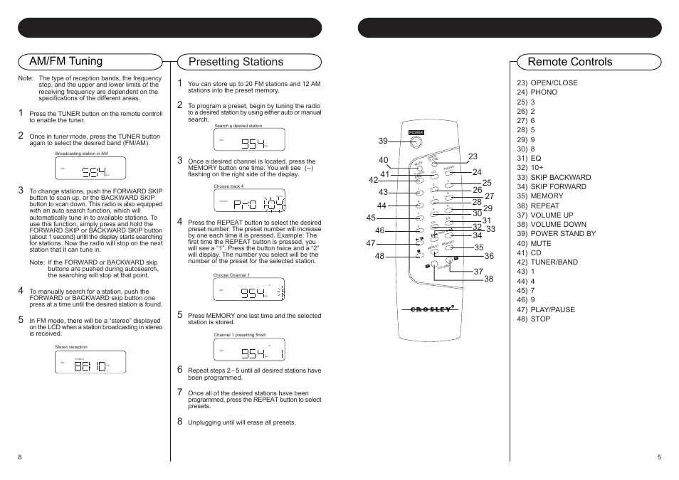 Control locators, Radio, Remote controls | Presetting stations am/fm tuning | Crosley Radio CR 712 User Manual | Page 7 / 8