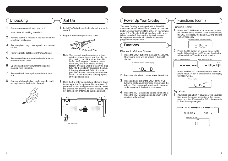 Basic operation, Getting started, Functions (cont.) power up your crosley | Functions, Set up unpacking | Crosley Radio CR 712 User Manual | Page 8 / 8