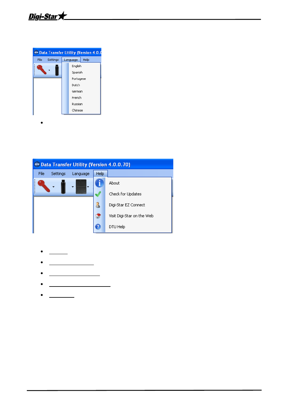 Language, Help, Language help | Digi-Star DTU User Manual | Page 8 / 16