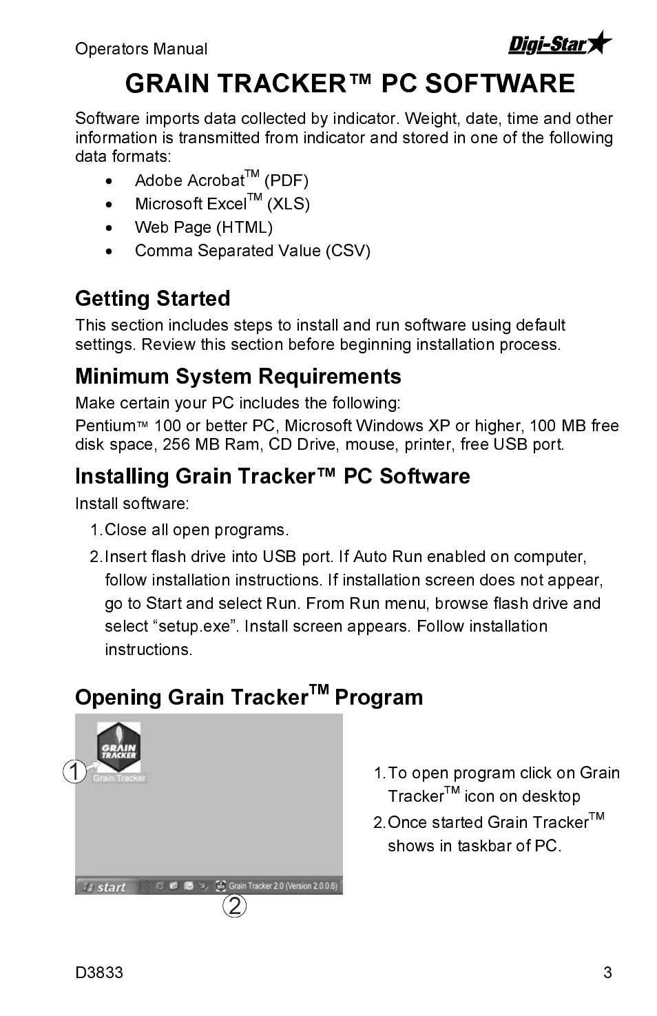 Getting started, Minimum system requirements, Installing grain tracker™ pc software | Opening grain tracker, Program, Grain tracker™ pc software | Digi-Star Grain Tracker User Manual | Page 3 / 11
