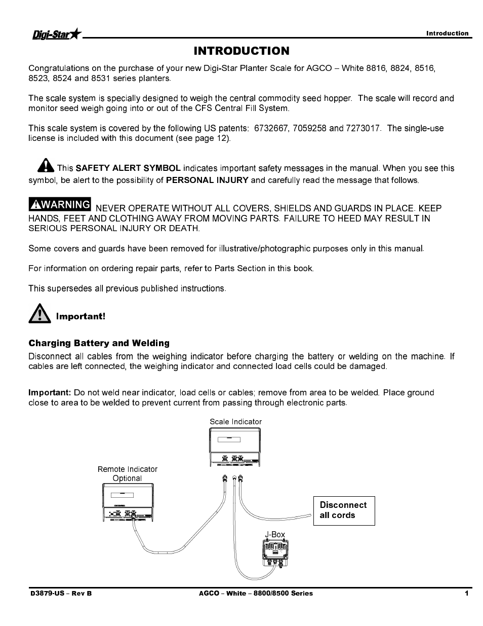 Important, Charging battery and welding | Digi-Star AGCO - White 8816 User Manual | Page 3 / 14