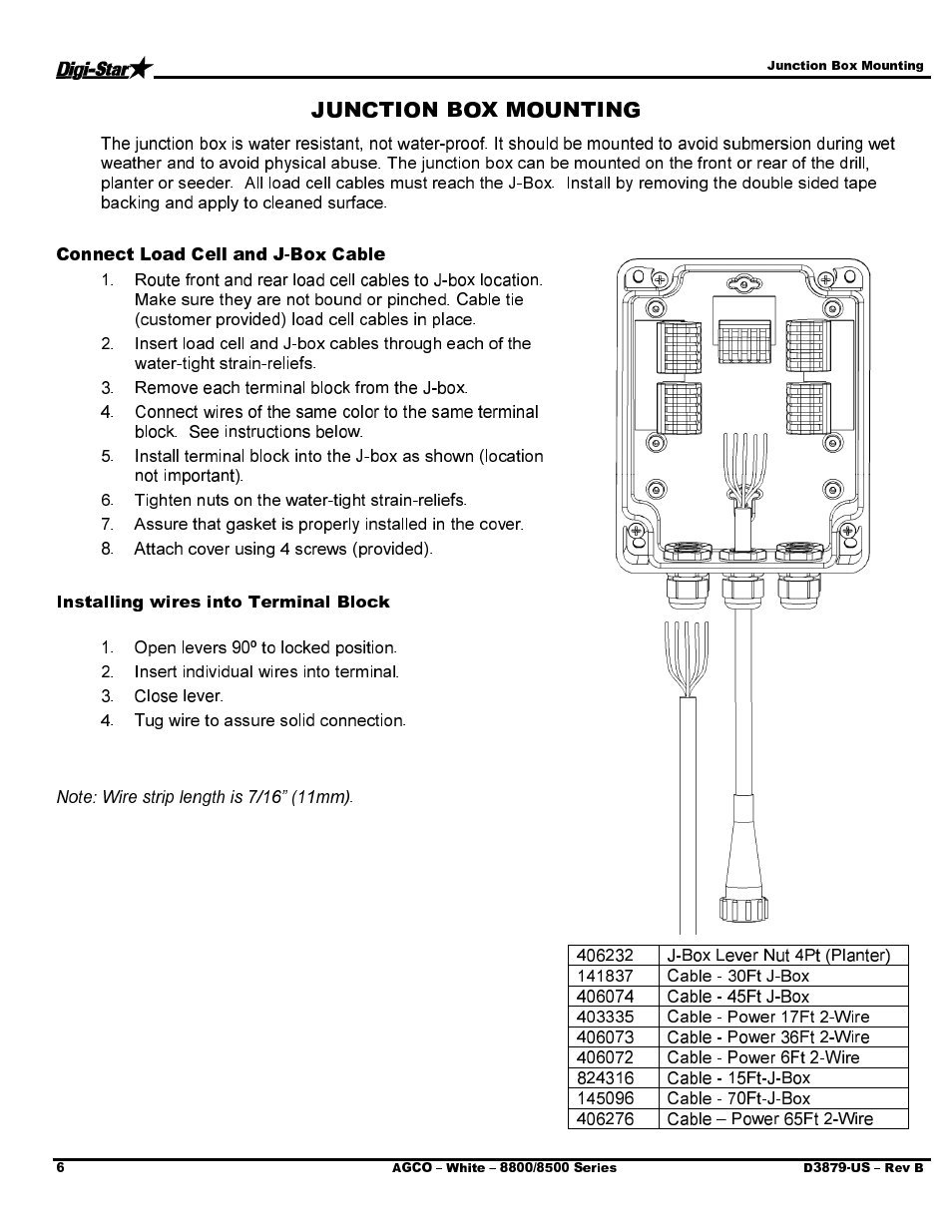 Connect load cell and j-box cable, Installing wires into terminal block | Digi-Star AGCO - White 8816 User Manual | Page 8 / 14