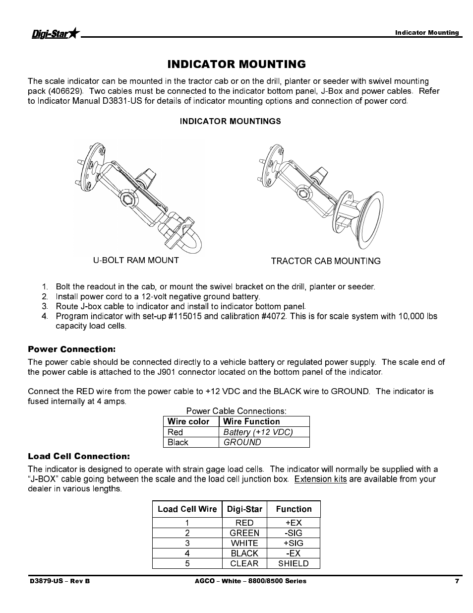Power connection, Load cell connection | Digi-Star AGCO - White 8816 User Manual | Page 9 / 14
