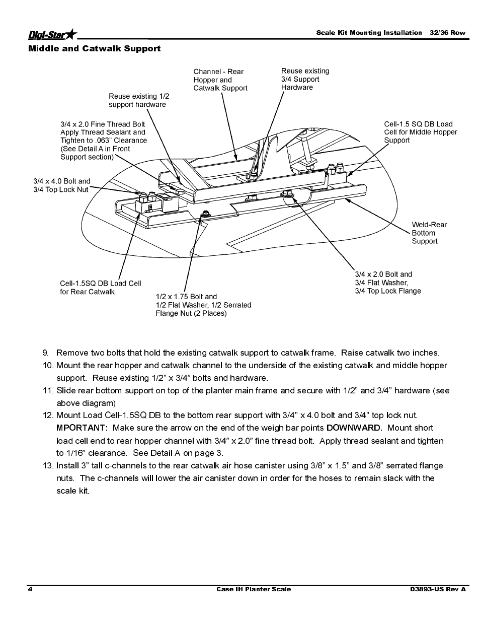 Middle and catwalk support, Mportant, Downward | Digi-Star Case IH 1260 – 32/36 User Manual | Page 6 / 12