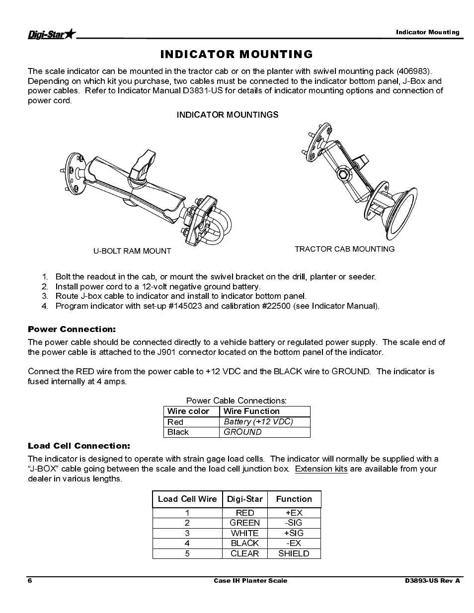 Power connection, Load cell connection | Digi-Star Case IH 1260 – 32/36 User Manual | Page 8 / 12