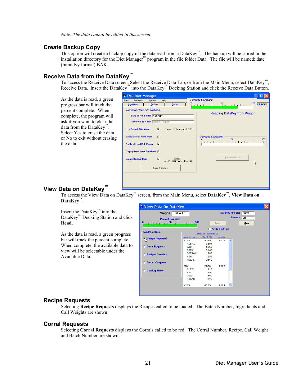 Create backup copy, Receive data from the datakey, View data on datakey | Recipe requests, Corral requests | Digi-Star Diet Manager Full Guide User Manual | Page 21 / 28