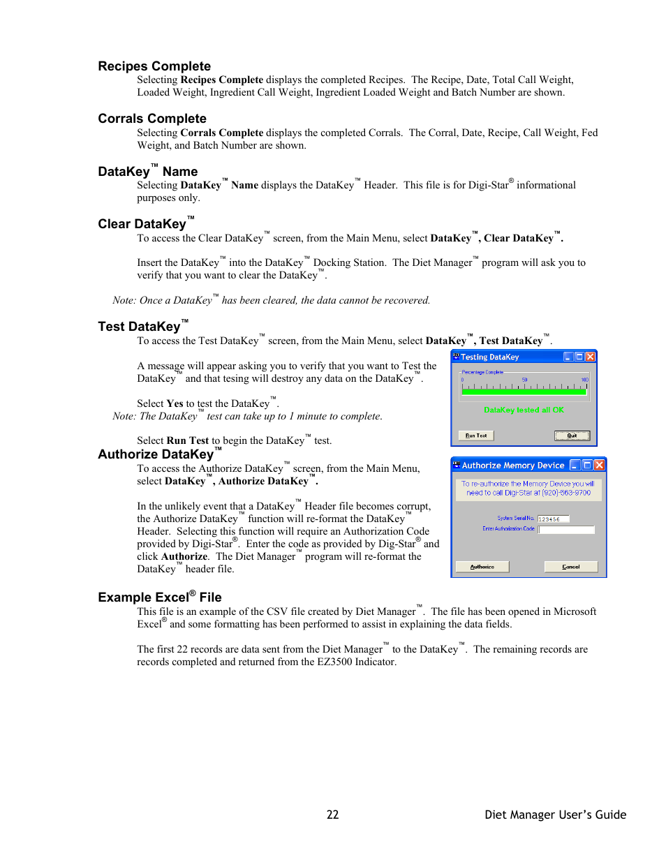 Recipes complete, Corrals complete, Datakey | Name, Clear datakey, Test datakey, Authorize datakey, Example excel, File | Digi-Star Diet Manager Full Guide User Manual | Page 22 / 28