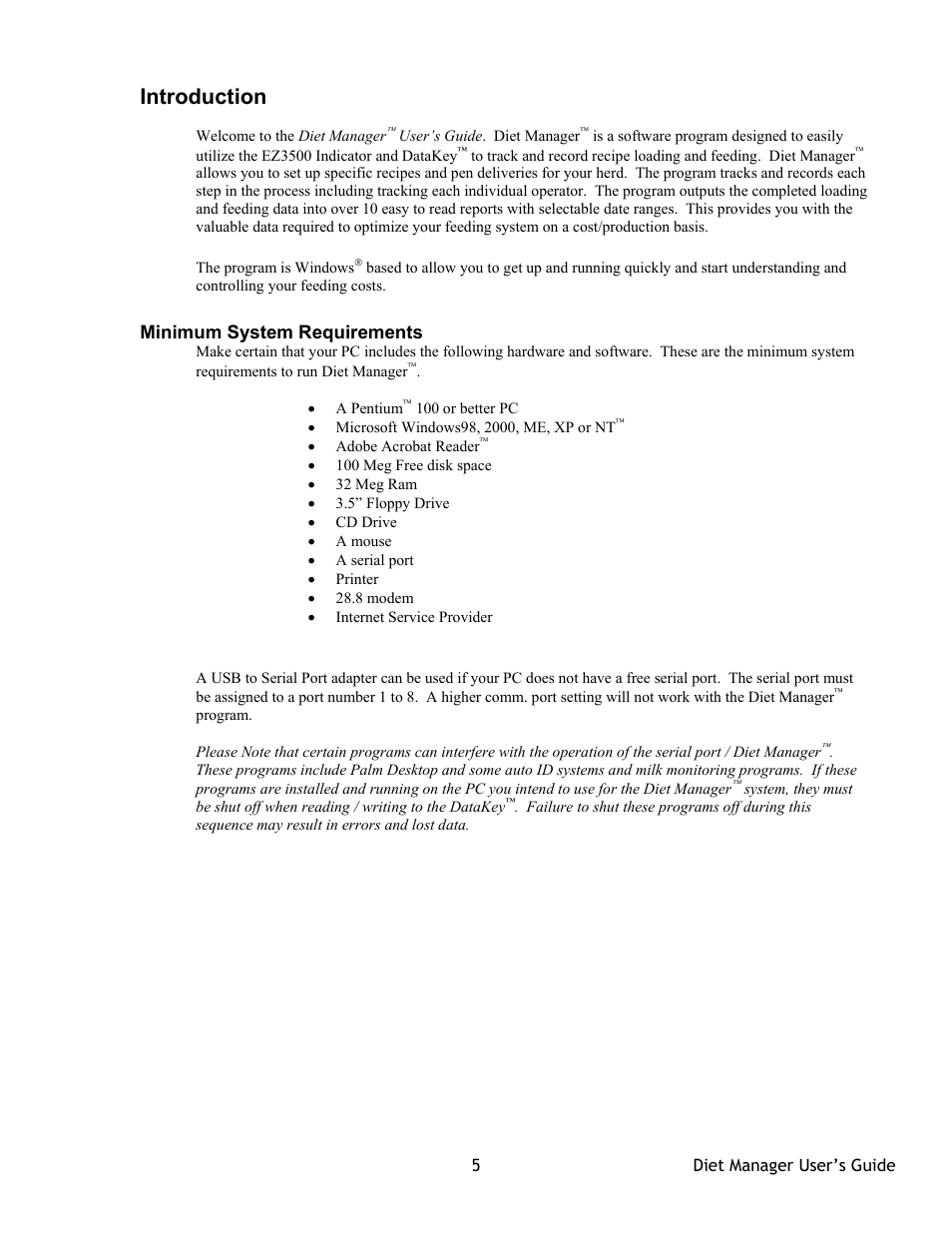 Introduction, Minimum system requirements | Digi-Star Diet Manager Full Guide User Manual | Page 5 / 28