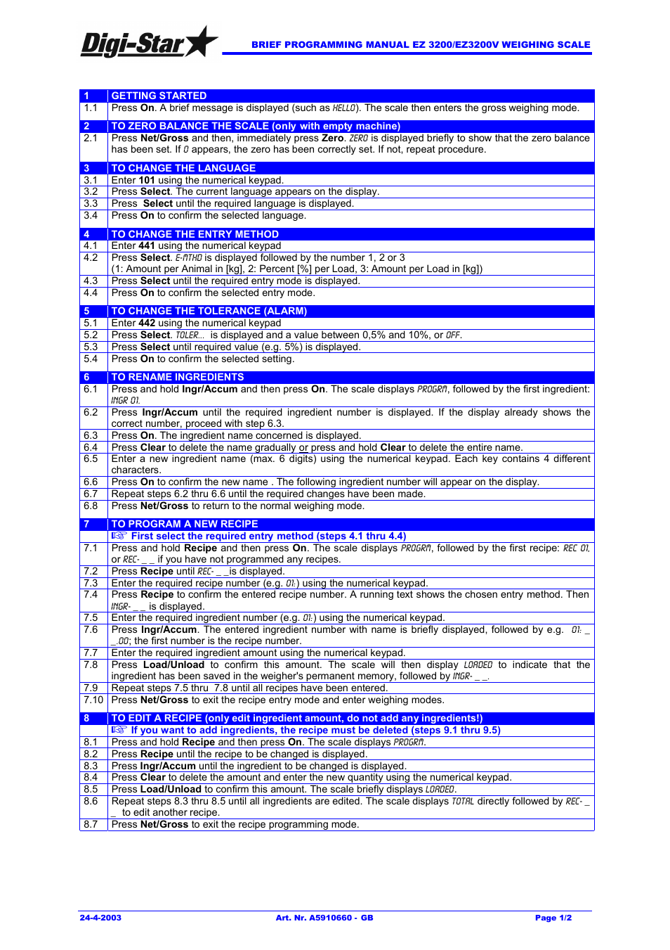 Digi-Star EZ 3200/EZ 3200V Short Manual User Manual | 2 pages