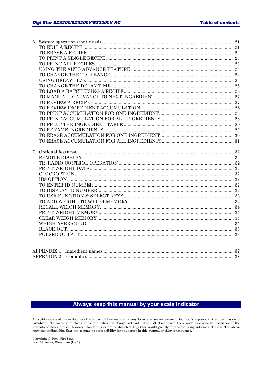 Always keep this manual by your scale indicator | Digi-Star EZ 3200/EZ 3200V/EZ 3200V RC User Manual | Page 3 / 45