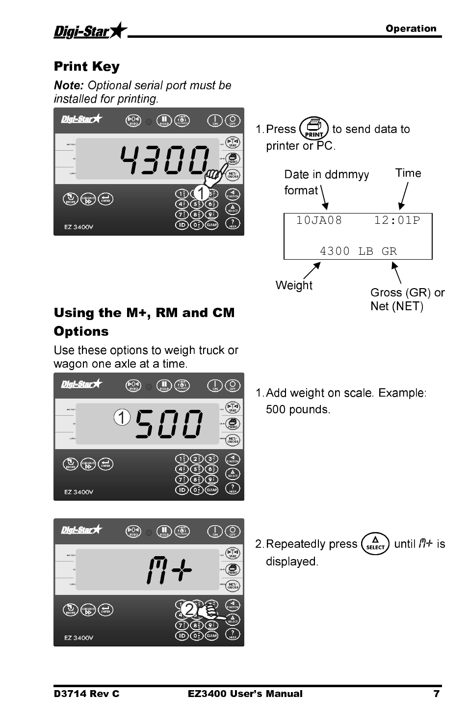 500 m, Print key, Using the m+, rm and cm options | Digi-Star EZ3400 User Manual | Page 11 / 50