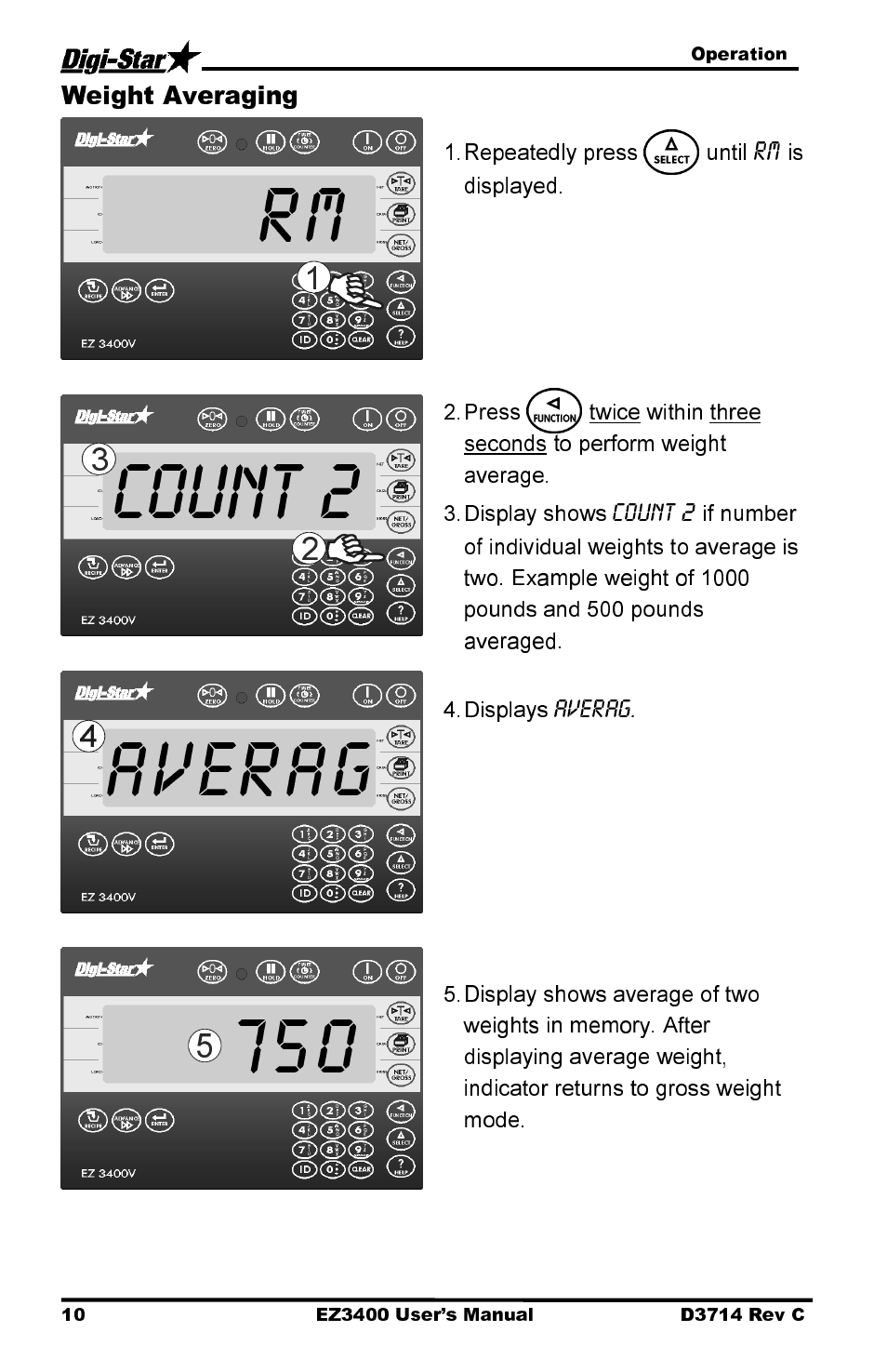 Averag 750, Count 2, Weight averaging | Digi-Star EZ3400 User Manual | Page 14 / 50