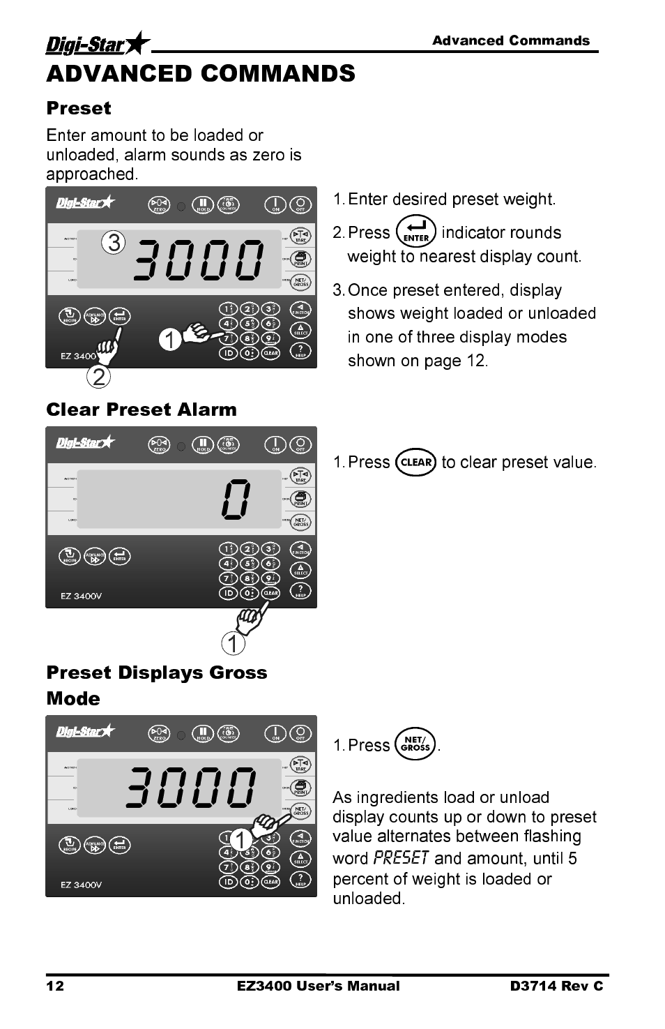 Preset, Clear preset alarm, Preset displays gross mode | Digi-Star EZ3400 User Manual | Page 16 / 50