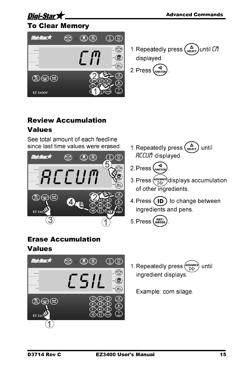 Accum, Csil, Review accumulation values | Erase accumulation values | Digi-Star EZ3400 User Manual | Page 19 / 50