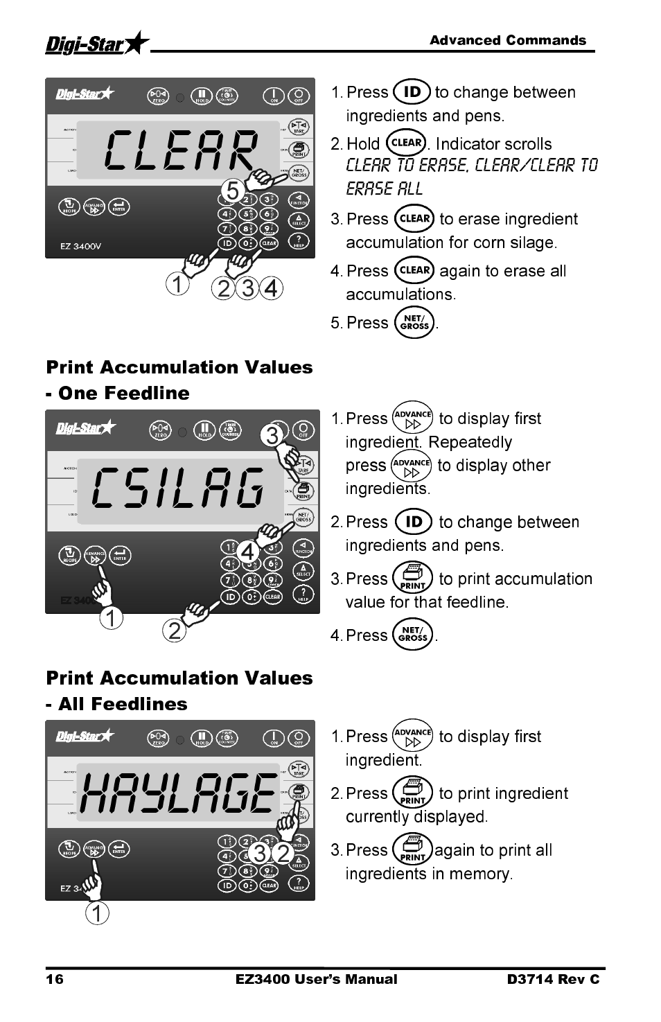 Clear, Csilag, Haylage | Print accumulation values - one feedline, Print accumulation values - all feedlines | Digi-Star EZ3400 User Manual | Page 20 / 50