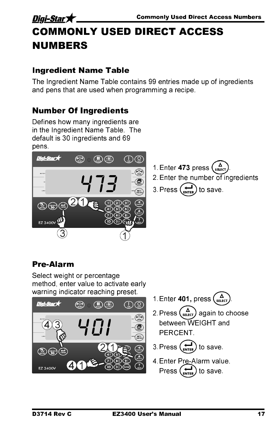 Ingredient name table, Number of ingredients, Pre-alarm | Digi-Star EZ3400 User Manual | Page 21 / 50