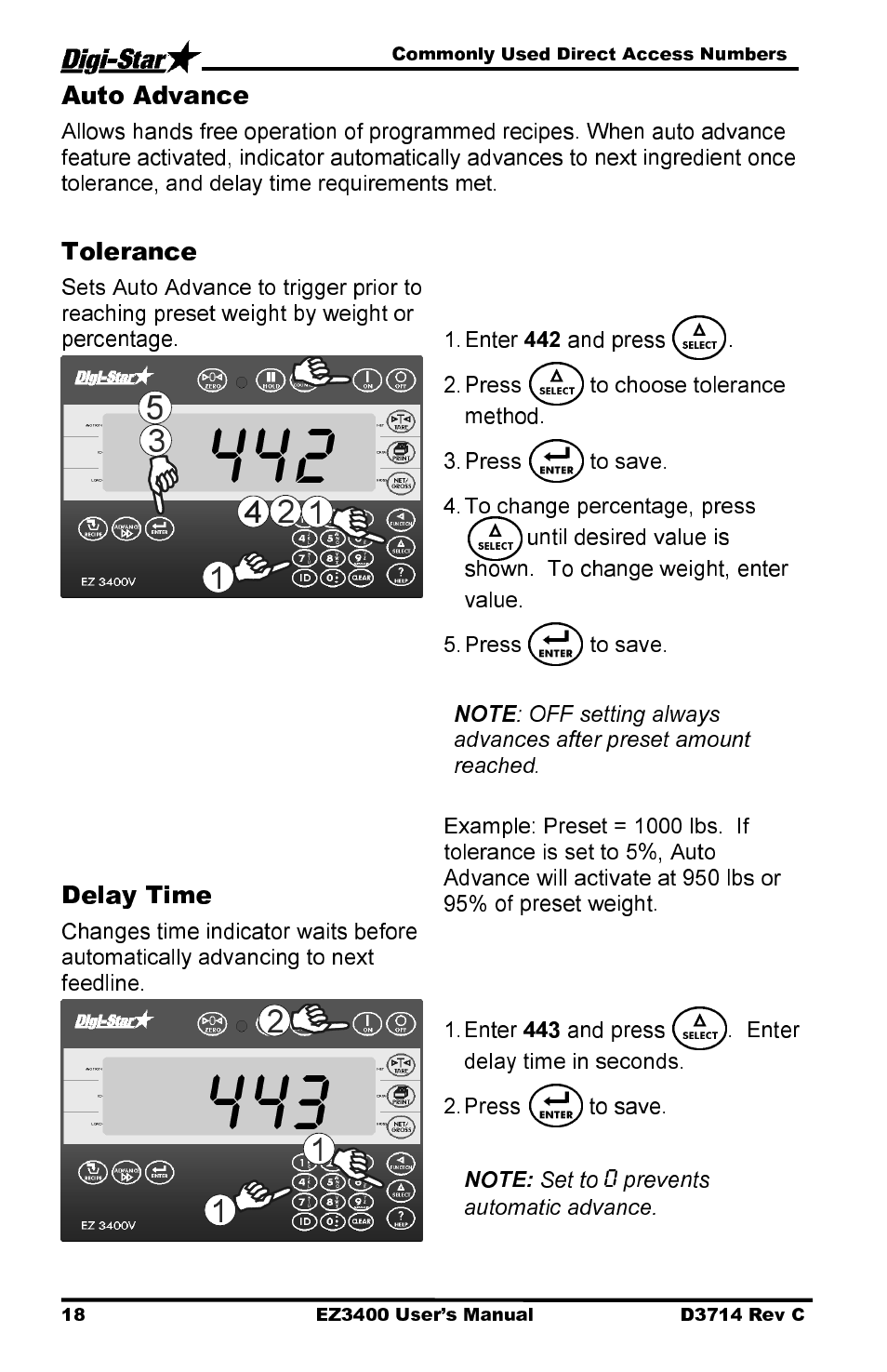 Auto advance, Tolerance, Delay time | Digi-Star EZ3400 User Manual | Page 22 / 50