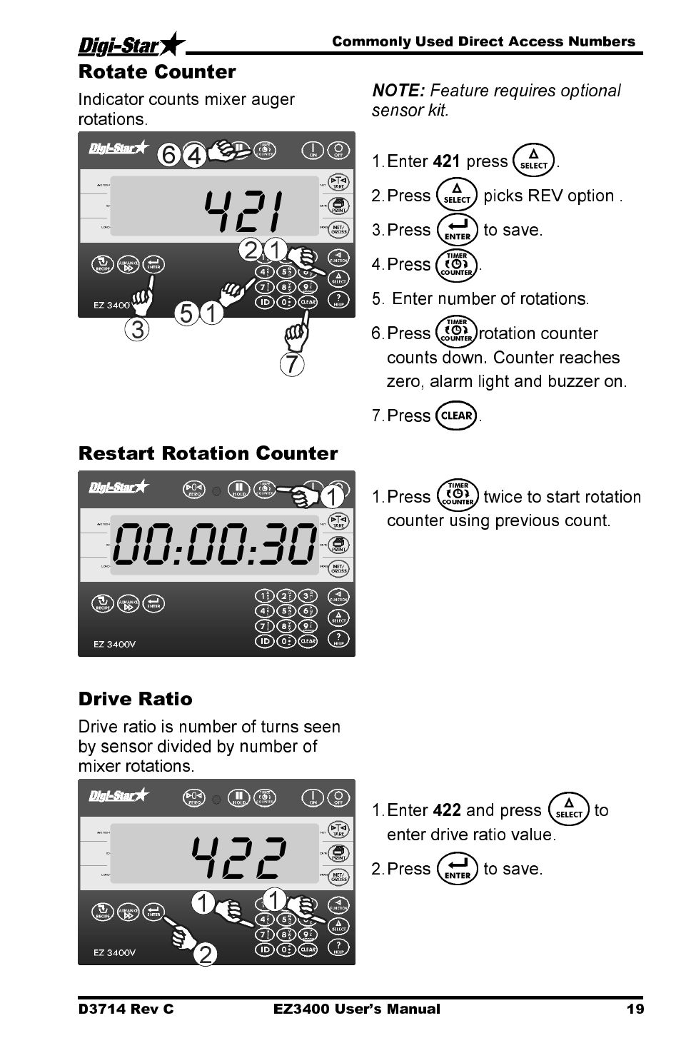 Rotate counter, Restart rotation counter, Drive ratio | Digi-Star EZ3400 User Manual | Page 23 / 50