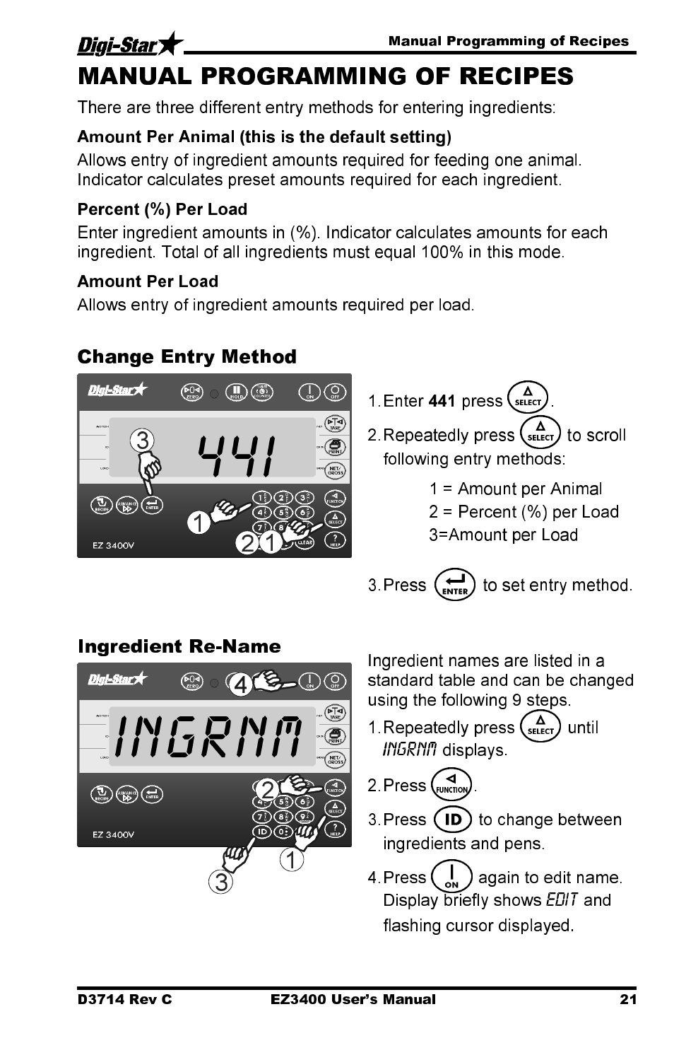 Ingrnm, Change entry method, Ingredient re-name | Digi-Star EZ3400 User Manual | Page 25 / 50
