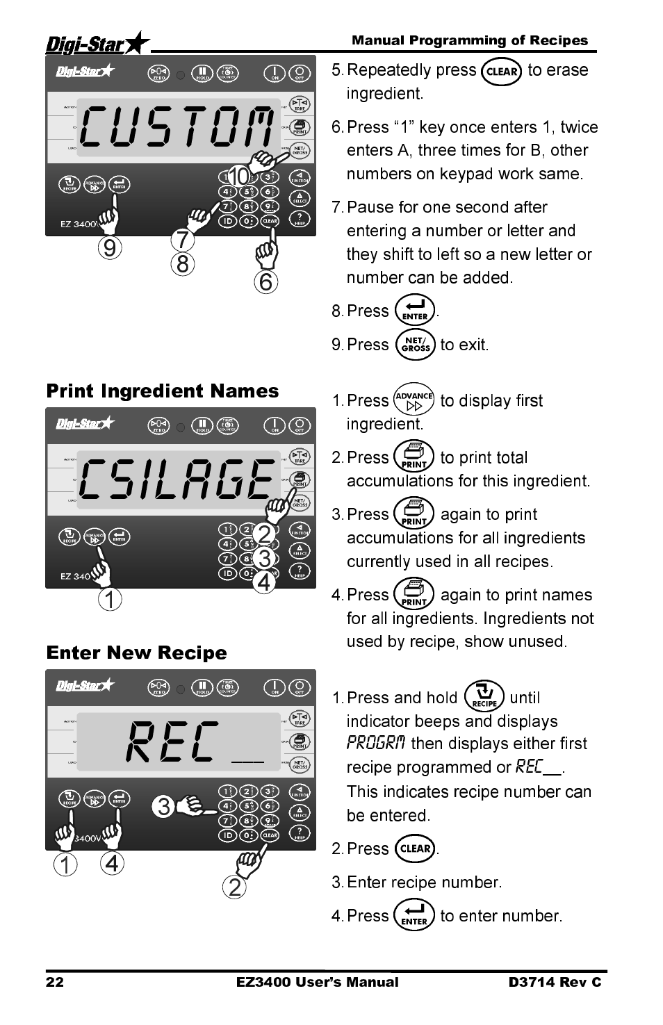 Custom, Csilage, Print ingredient names | Enter new recipe | Digi-Star EZ3400 User Manual | Page 26 / 50