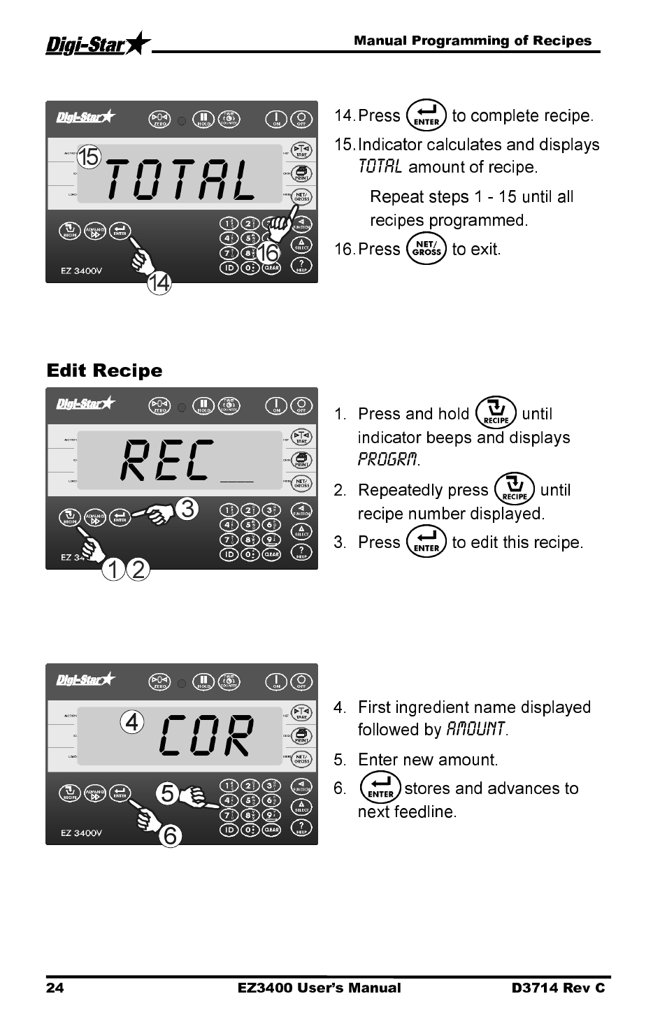 Total, Edit recipe | Digi-Star EZ3400 User Manual | Page 28 / 50