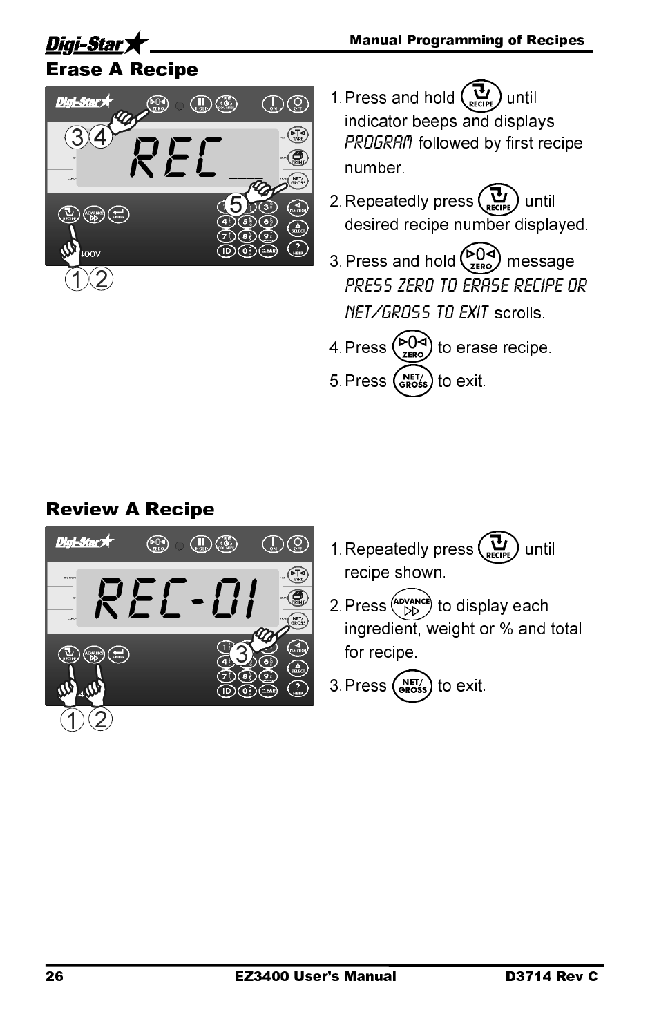 Rec-0i, Erase a recipe, Review a recipe | Digi-Star EZ3400 User Manual | Page 30 / 50