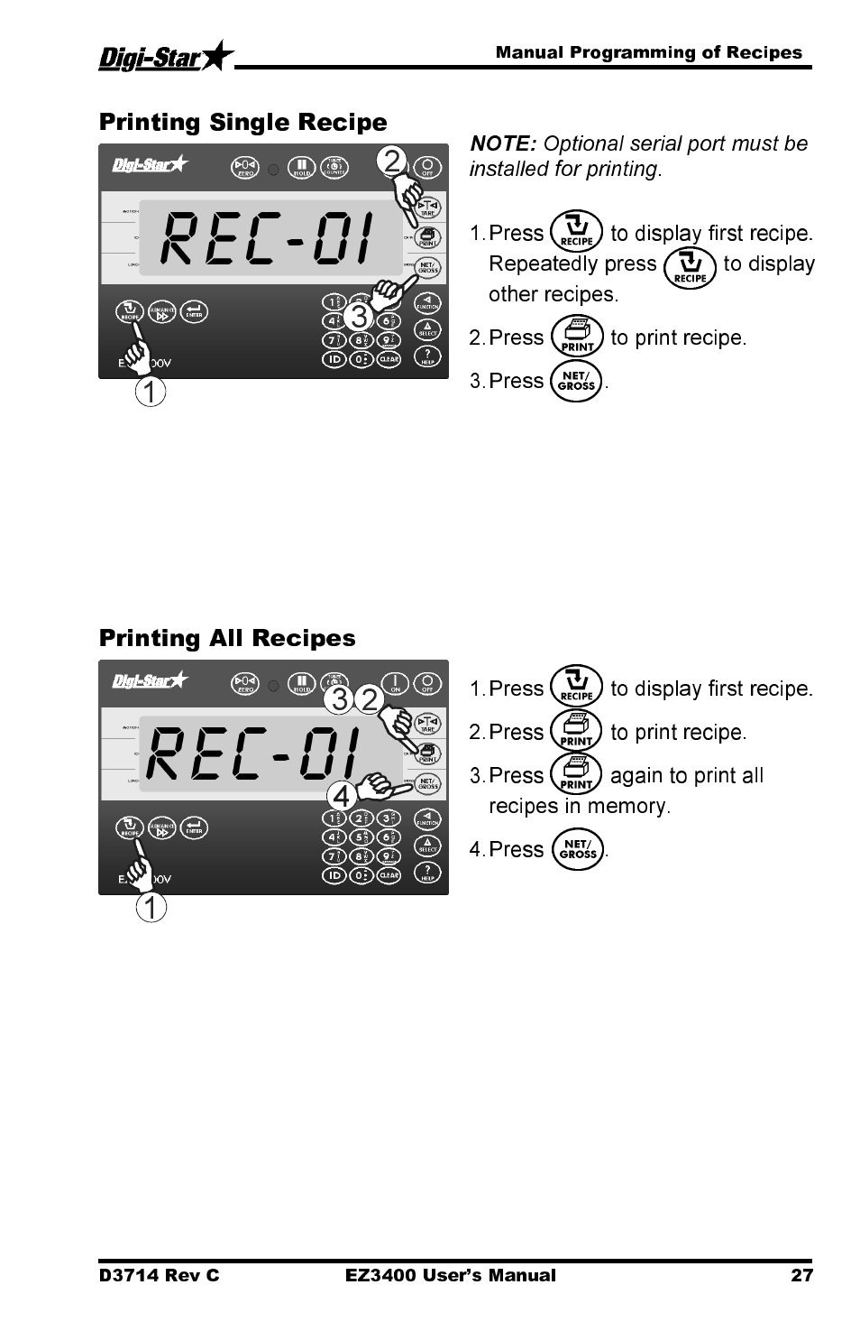 Rec-0i, Printing single recipe, Printing all recipes | Digi-Star EZ3400 User Manual | Page 31 / 50