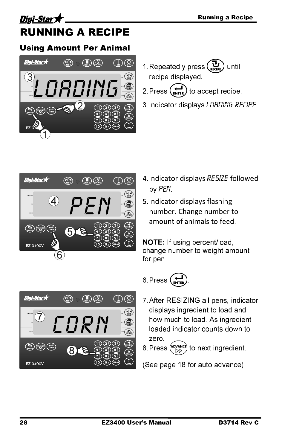 Loading pen corn, Using amount per animal | Digi-Star EZ3400 User Manual | Page 32 / 50