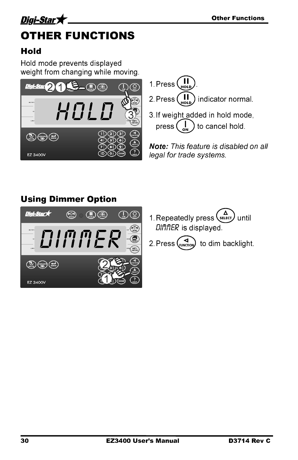 Dimmer, Hold, Using dimmer option | Digi-Star EZ3400 User Manual | Page 34 / 50