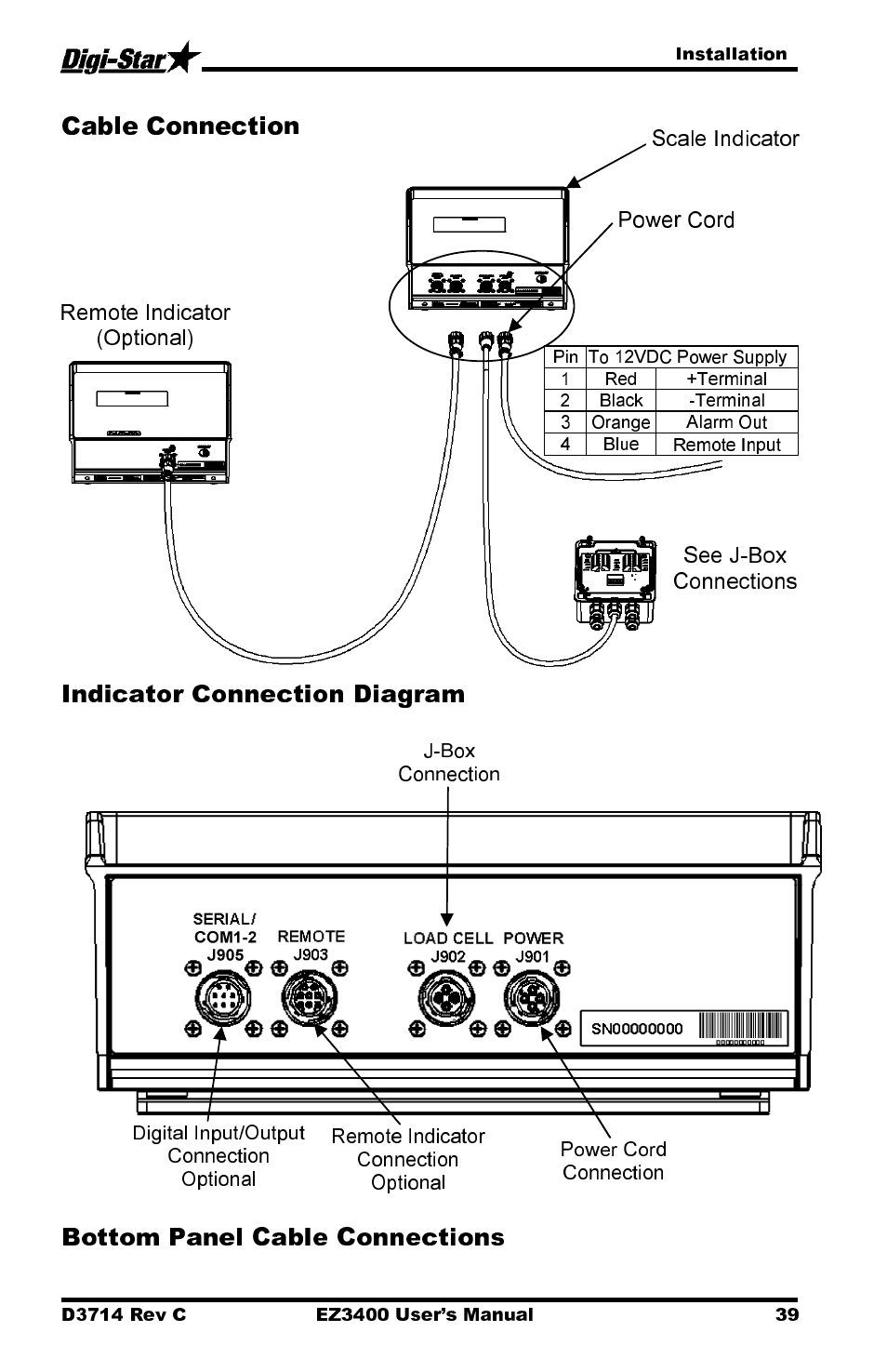 Cable connection, Indicator connection diagram, Bottom panel cable connections | Digi-Star EZ3400 User Manual | Page 43 / 50