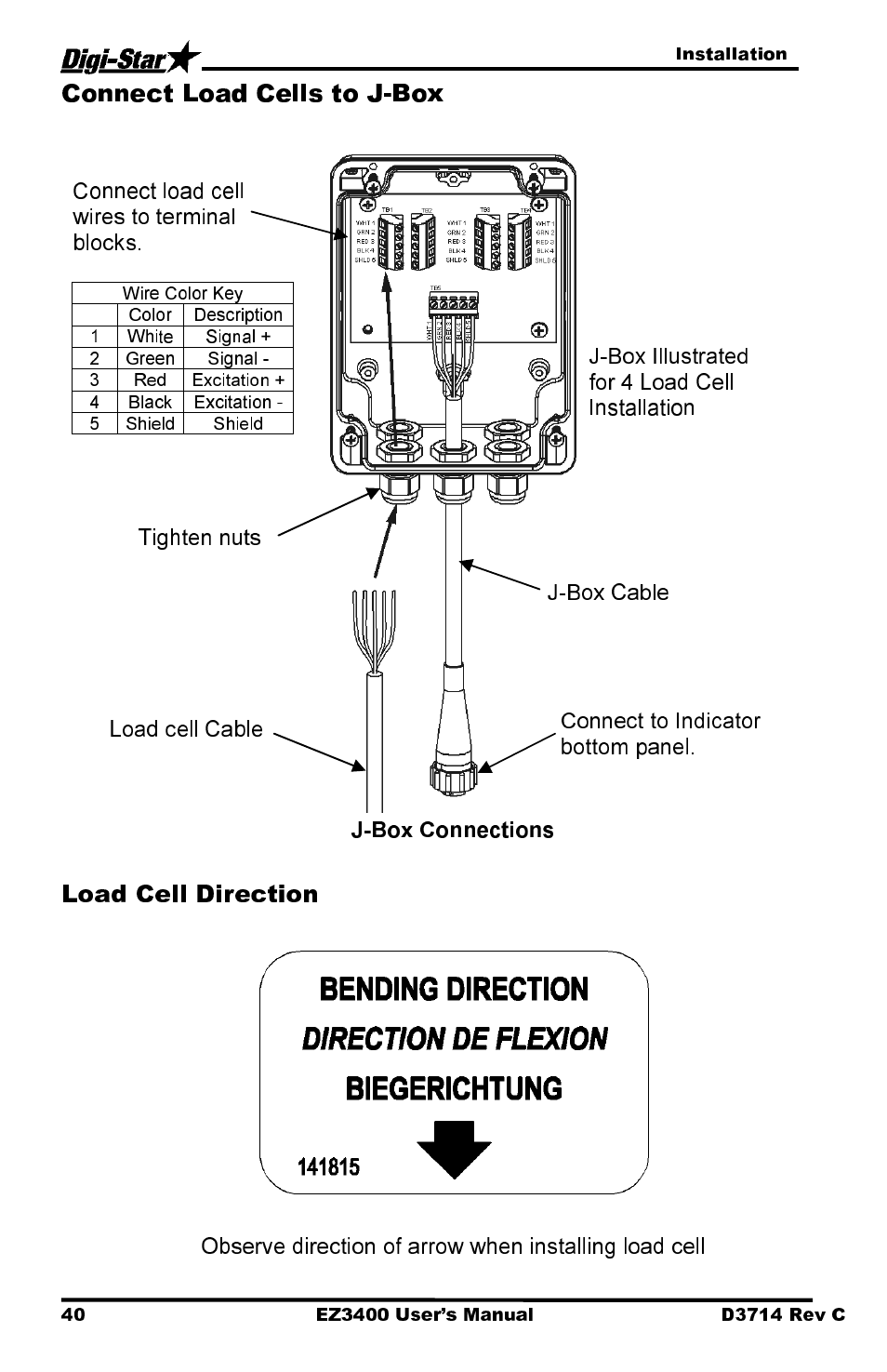 Connect load cells to j-box, Load cell direction | Digi-Star EZ3400 User Manual | Page 44 / 50