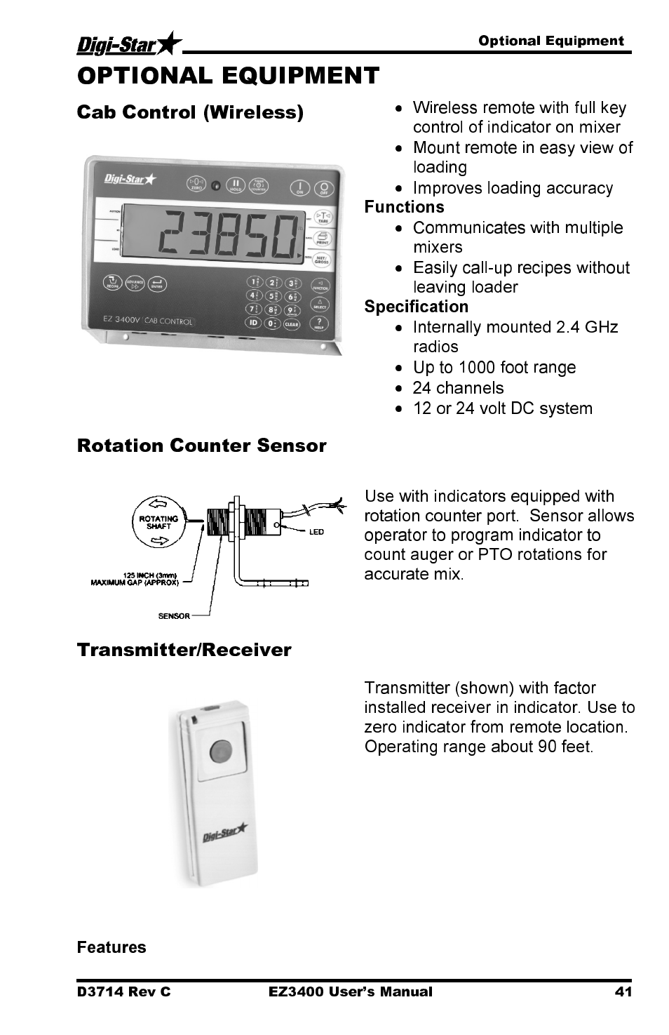 Cab control (wireless), Rotation counter sensor, Transmitter/receiver | Digi-Star EZ3400 User Manual | Page 45 / 50