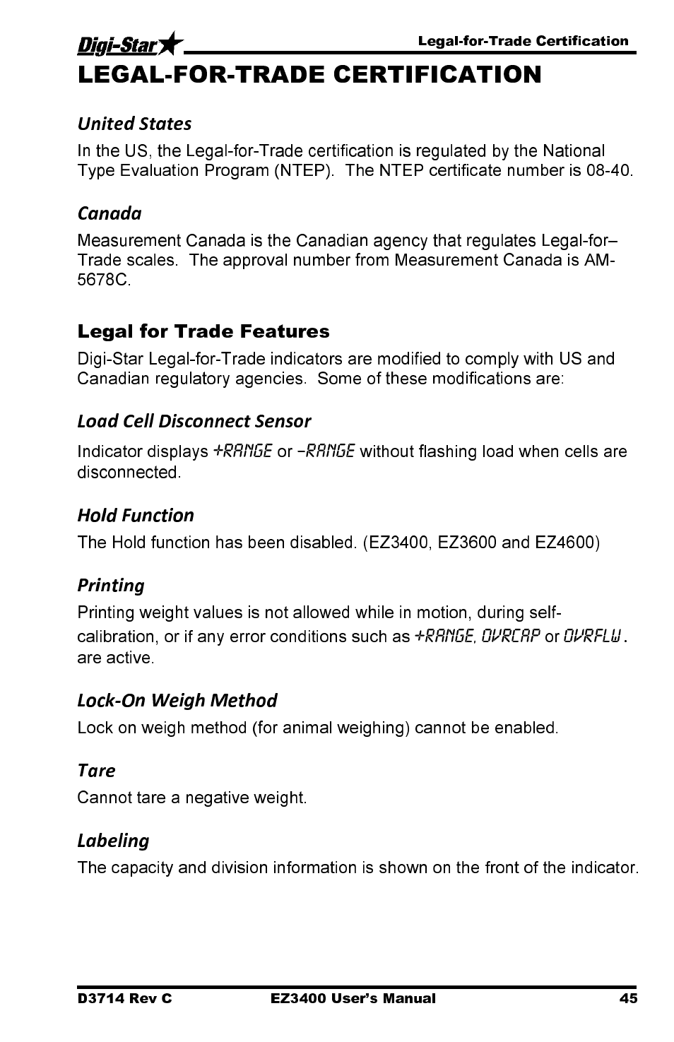 Legal for trade features | Digi-Star EZ3400 User Manual | Page 49 / 50