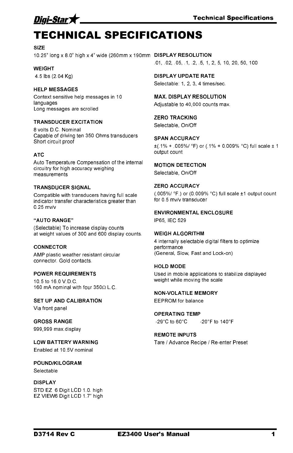 Technical specifications | Digi-Star EZ3400 User Manual | Page 5 / 50