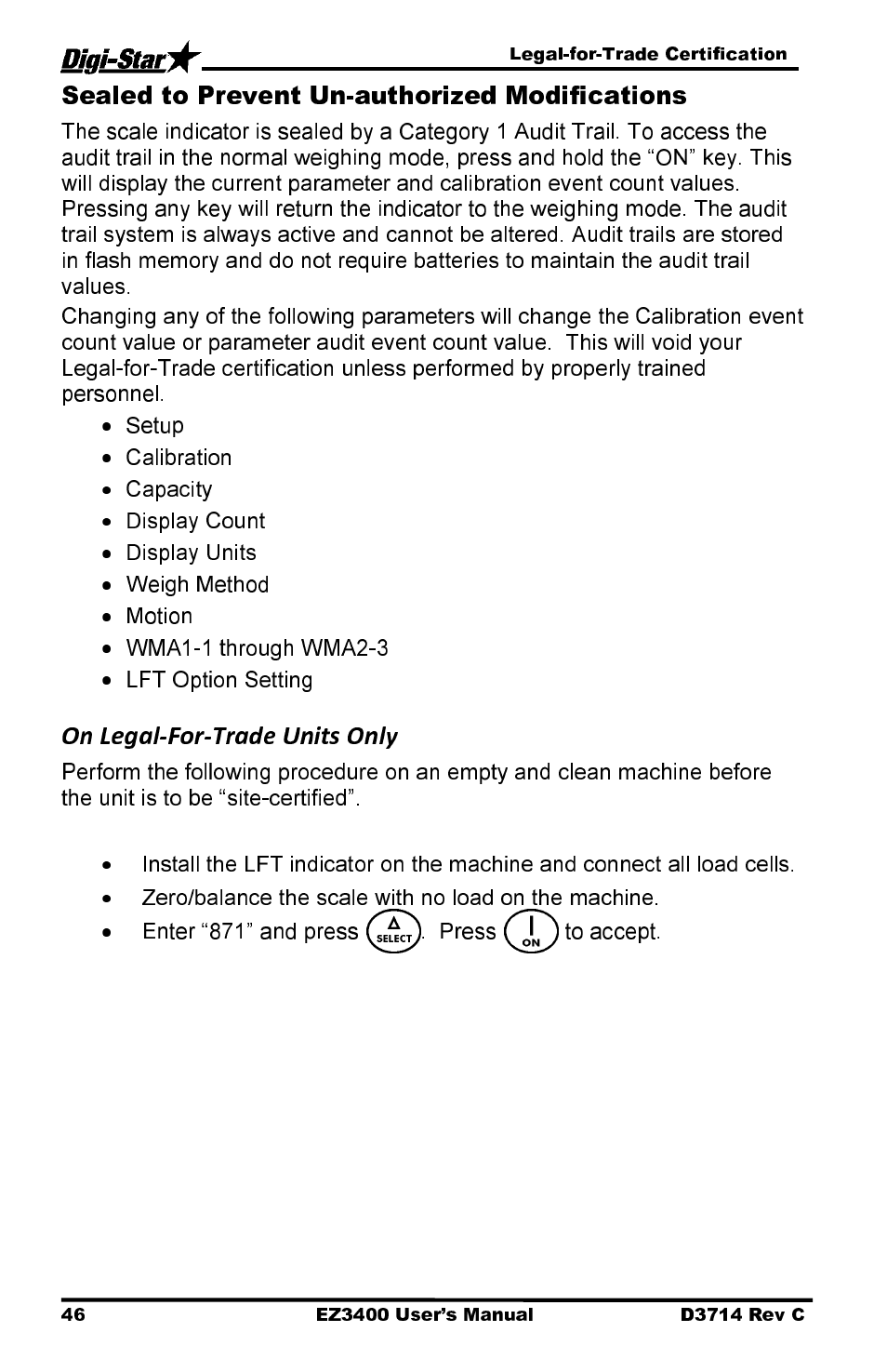 Setup, Calibration, Capacity | Display count, Display units, Weigh method, Motion, Wma1-1 through wma2-3, Lft option setting, Zero/balance the scale with no load on the machine | Digi-Star EZ3400 User Manual | Page 50 / 50