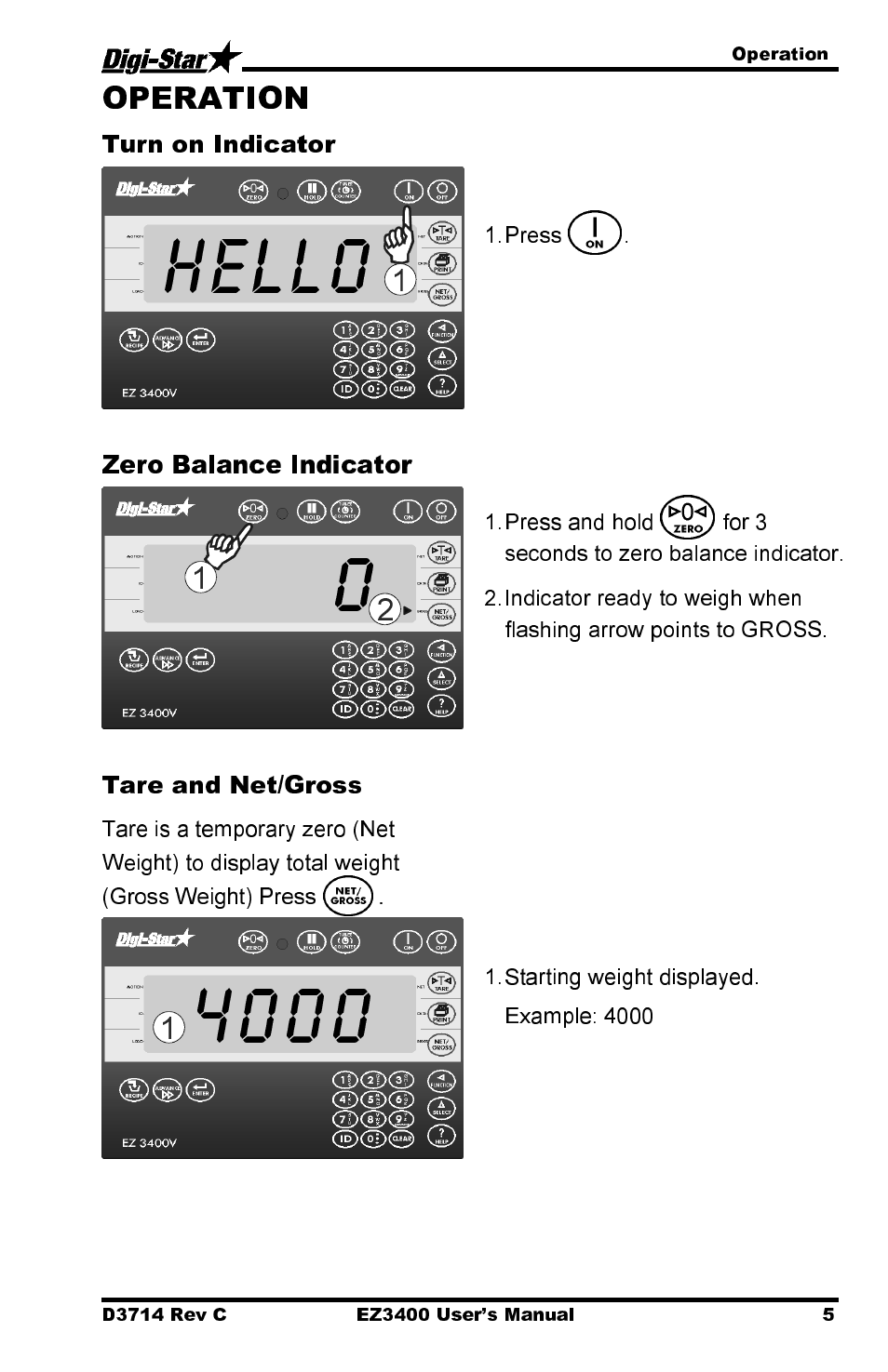Hello, Turn on indicator, Zero balance indicator | Tare and net/gross | Digi-Star EZ3400 User Manual | Page 9 / 50