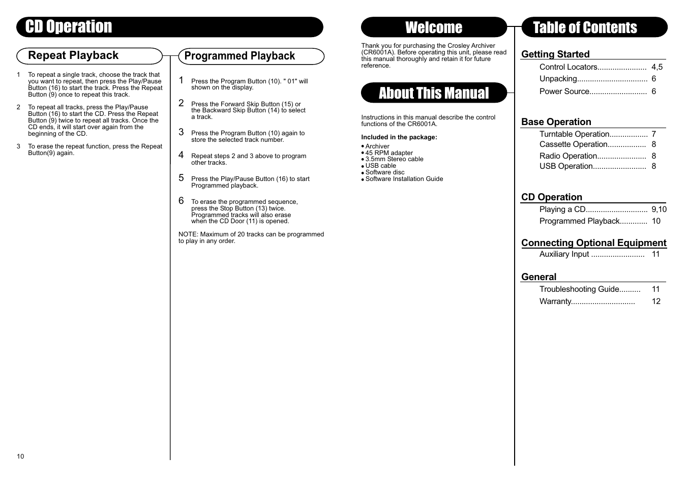 Cd operation, About this manual, Welcome table of contents | Repeat playback programmed playback | Crosley CR0601A User Manual | Page 3 / 7