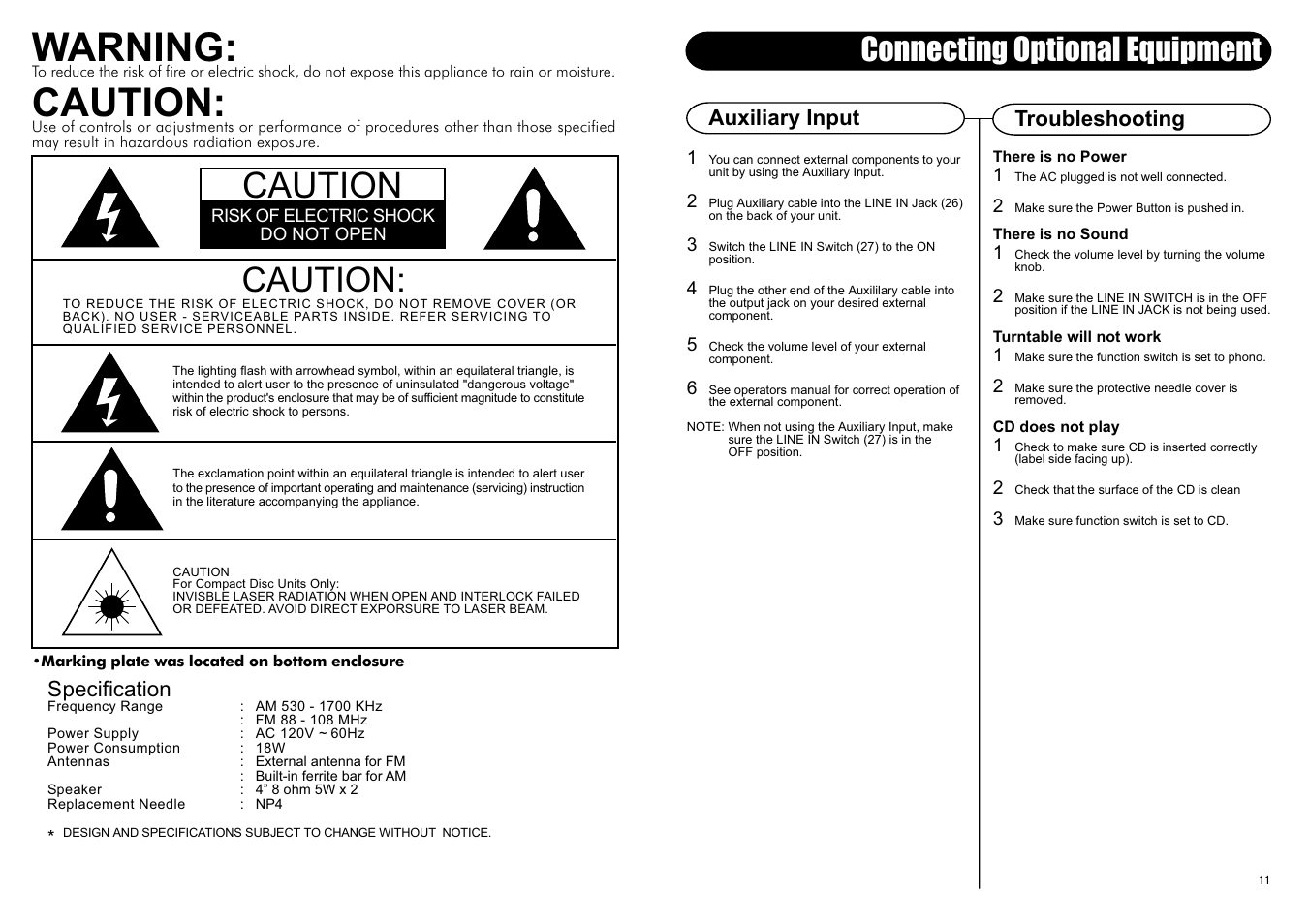 Warning, Caution, Connecting optional equipment | Specification, Troubleshooting auxiliary input | Crosley CR0601A User Manual | Page 5 / 7