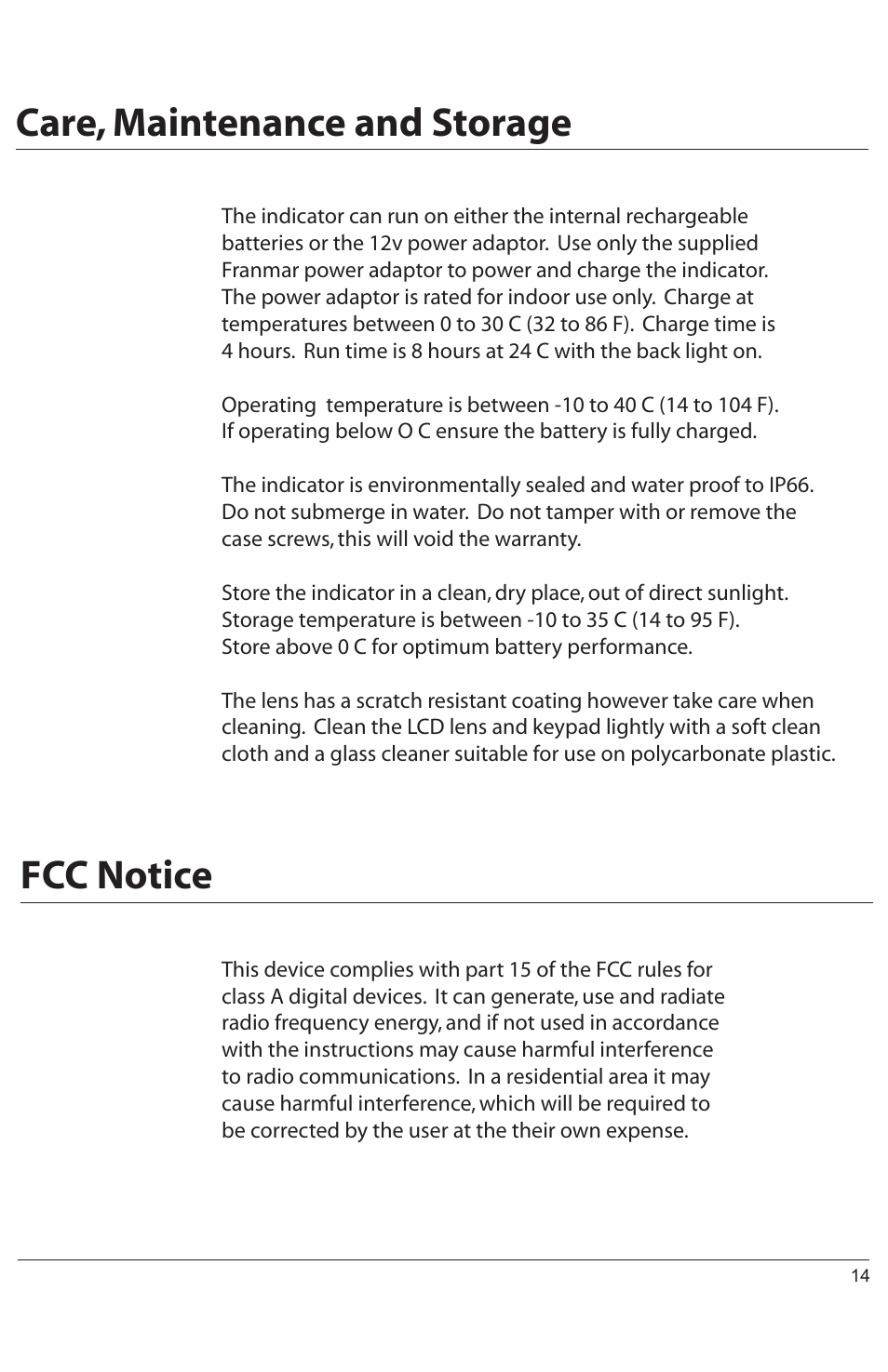 Care, maintenance and storage, Fcc notice | Digi-Star HORIZON XLS User Manual | Page 14 / 16