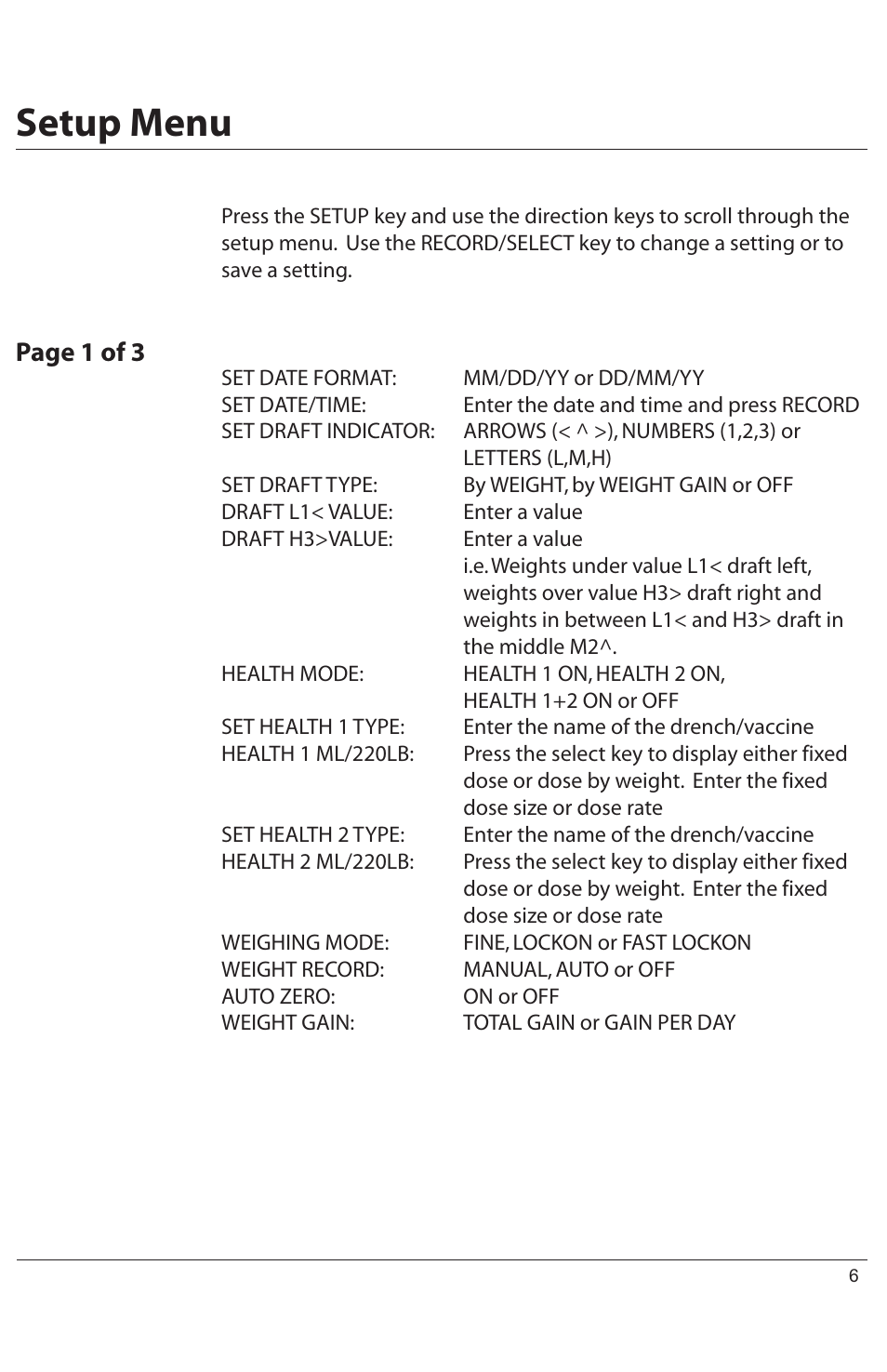 Setup menu, Page 1 of 3 | Digi-Star HORIZON XLS User Manual | Page 6 / 16