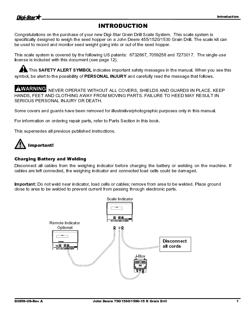 Important, Charging battery and welding | Digi-Star John Deere 455/1520/1530 User Manual | Page 3 / 14